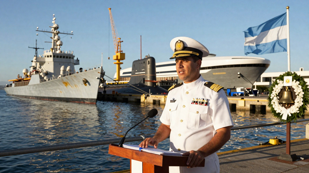 Oficial da marinha argentina em uniforme branco fala em púlpito com navio e bandeira argentina ao fundo.