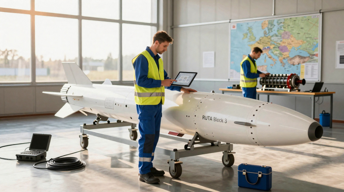 Dois engenheiros com coletes refletivos inspecionam uma grande aeronave não tripulada em hangar.