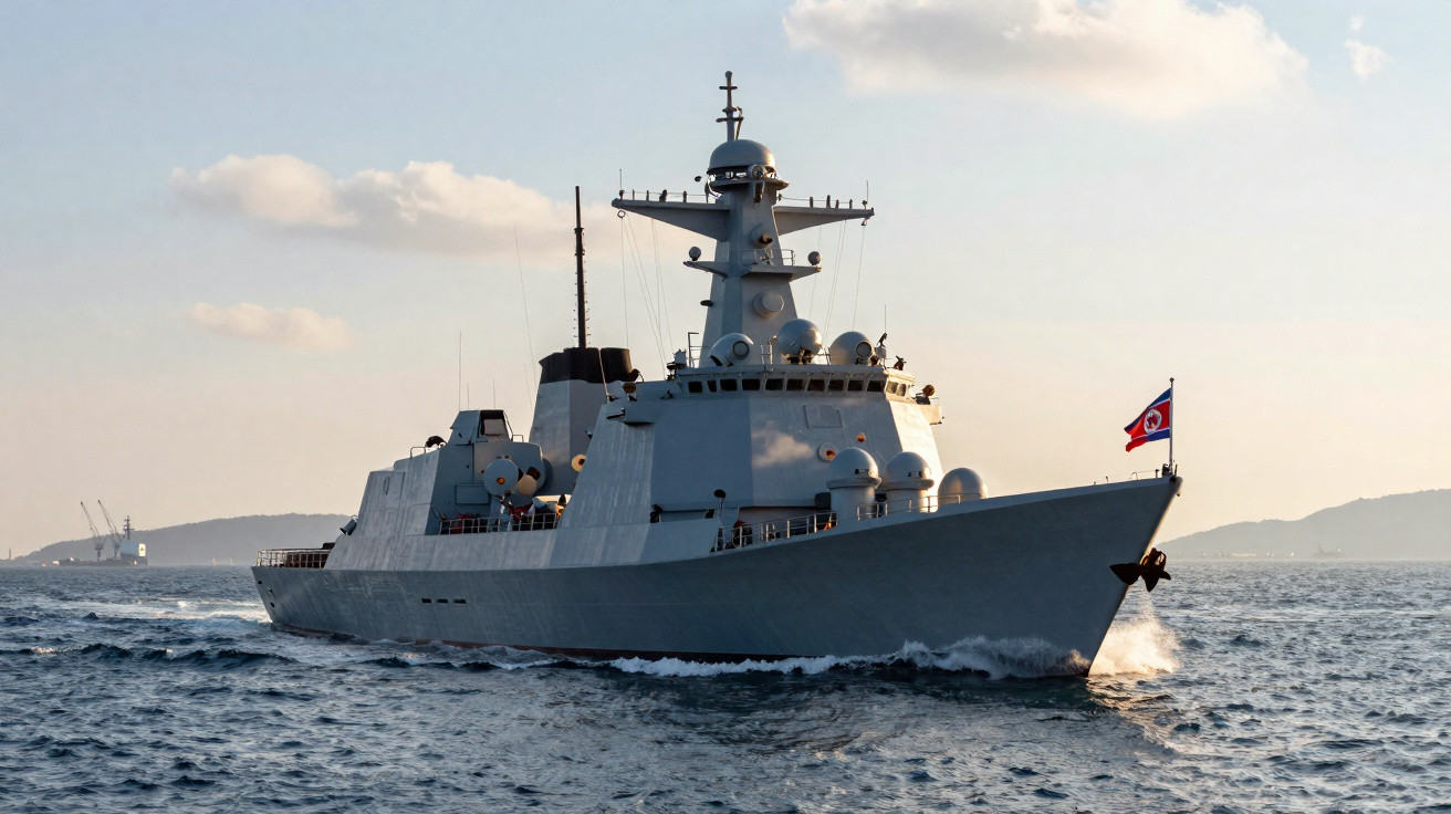 Navio de guerra cinza navegando em mar calmo com bandeira da Coreia do Norte na proa.