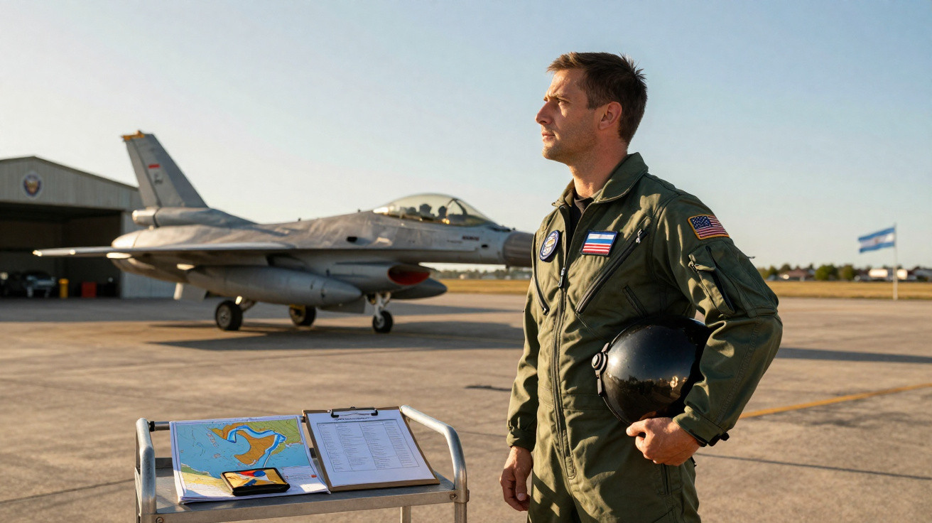 Piloto militar em uniforme verde com capacete na mão olhando para o horizonte, com avião e mapa ao fundo no aeroporto.