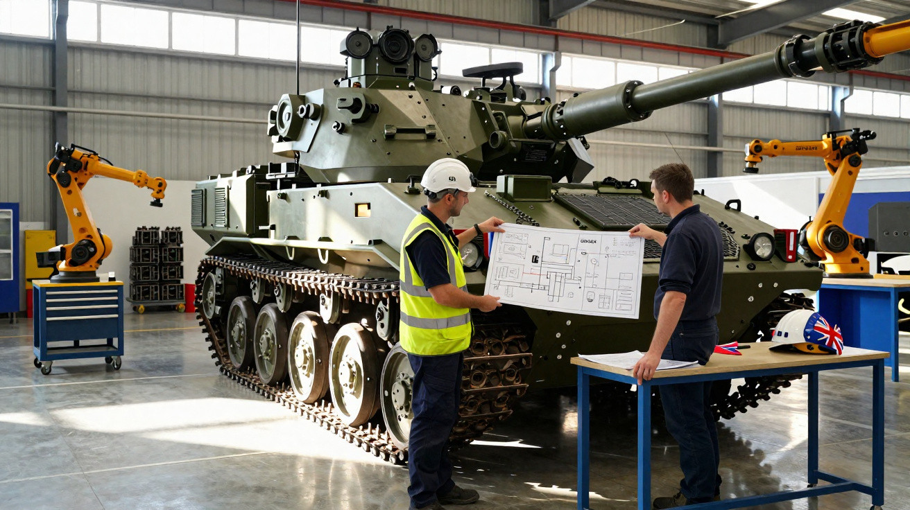 Dois homens analisam projeto ao lado de tanque militar dentro de fábrica com braços robóticos e equipamentos.