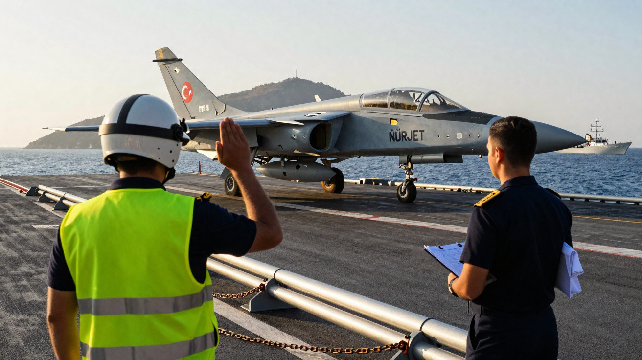 Dois militares coordenam o pouso de uma aeronave de caça no convés de um porta-aviões ao entardecer.