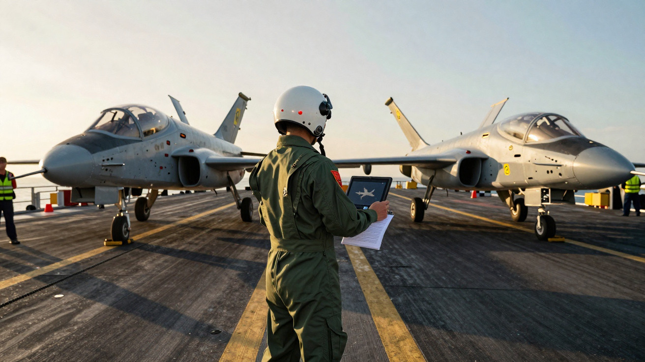 Piloto de caça com capacete observa dois aviões em pista de pouso ao pôr do sol.