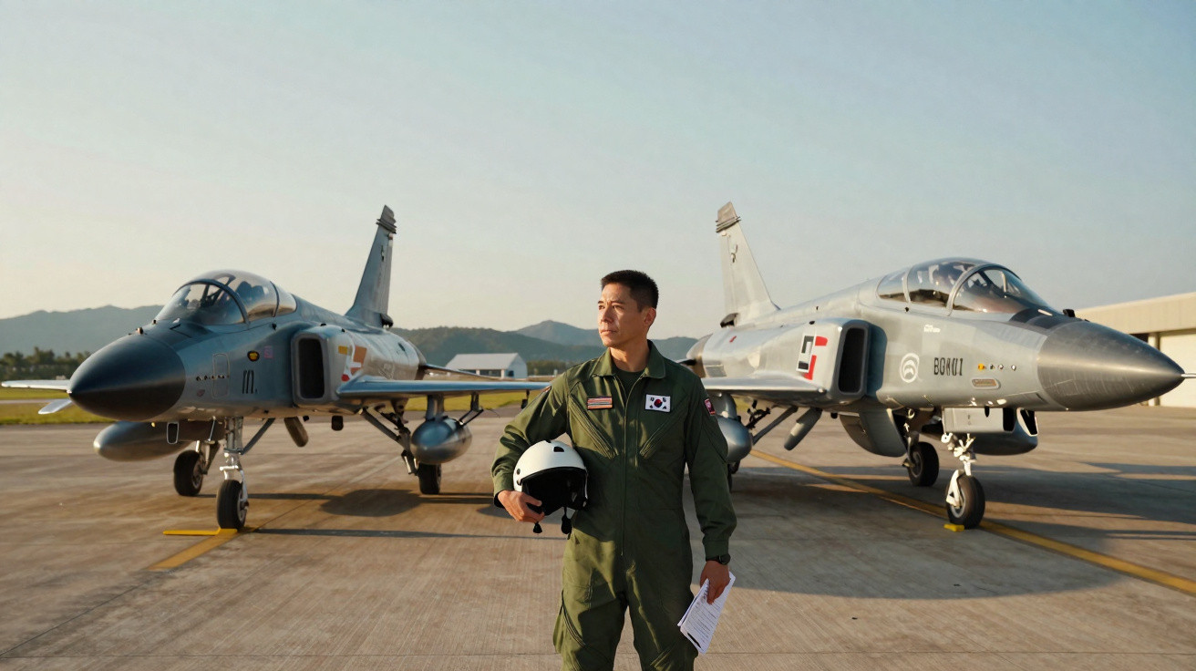 Piloto sul-coreano com macacão verde, segurando capacete, entre dois caças militares estacionados no aeroporto.