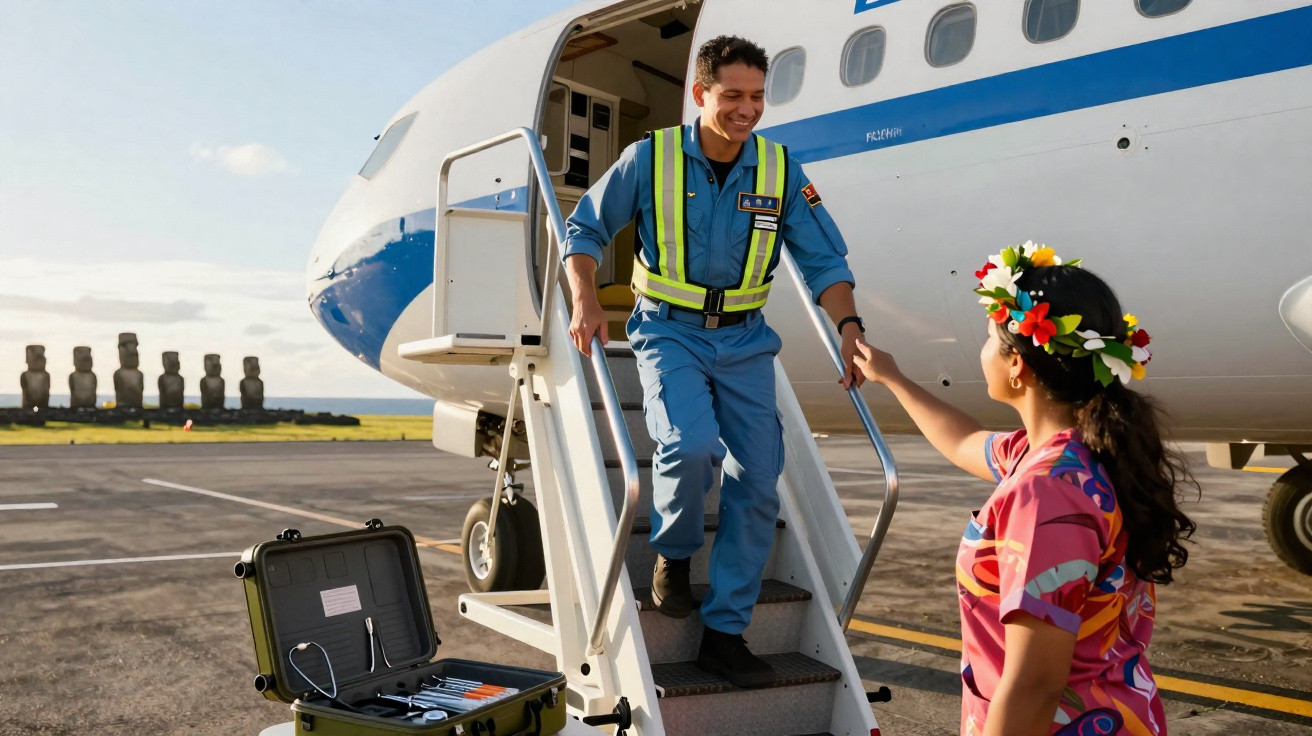 Homem em uniforme azul desce de avião e é recebido por mulher com vestido colorido e coroa de flores.
