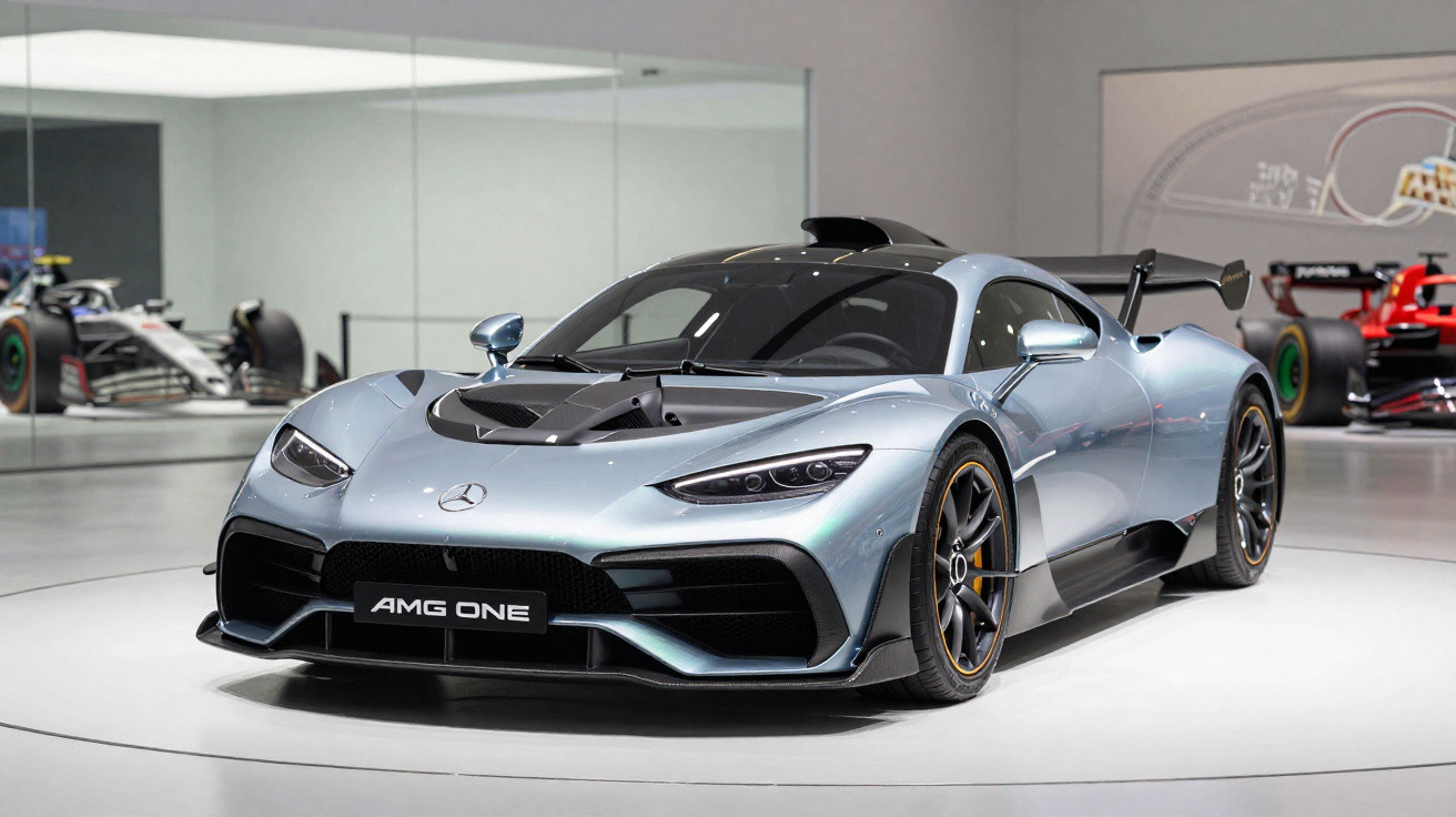 Carro esportivo Mercedes AMG One prata exibido em sala com pistas de corrida ao fundo.