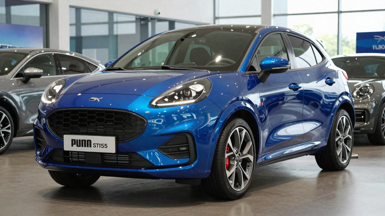 Carro hatchback azul metálico em exposição dentro de showroom moderno.