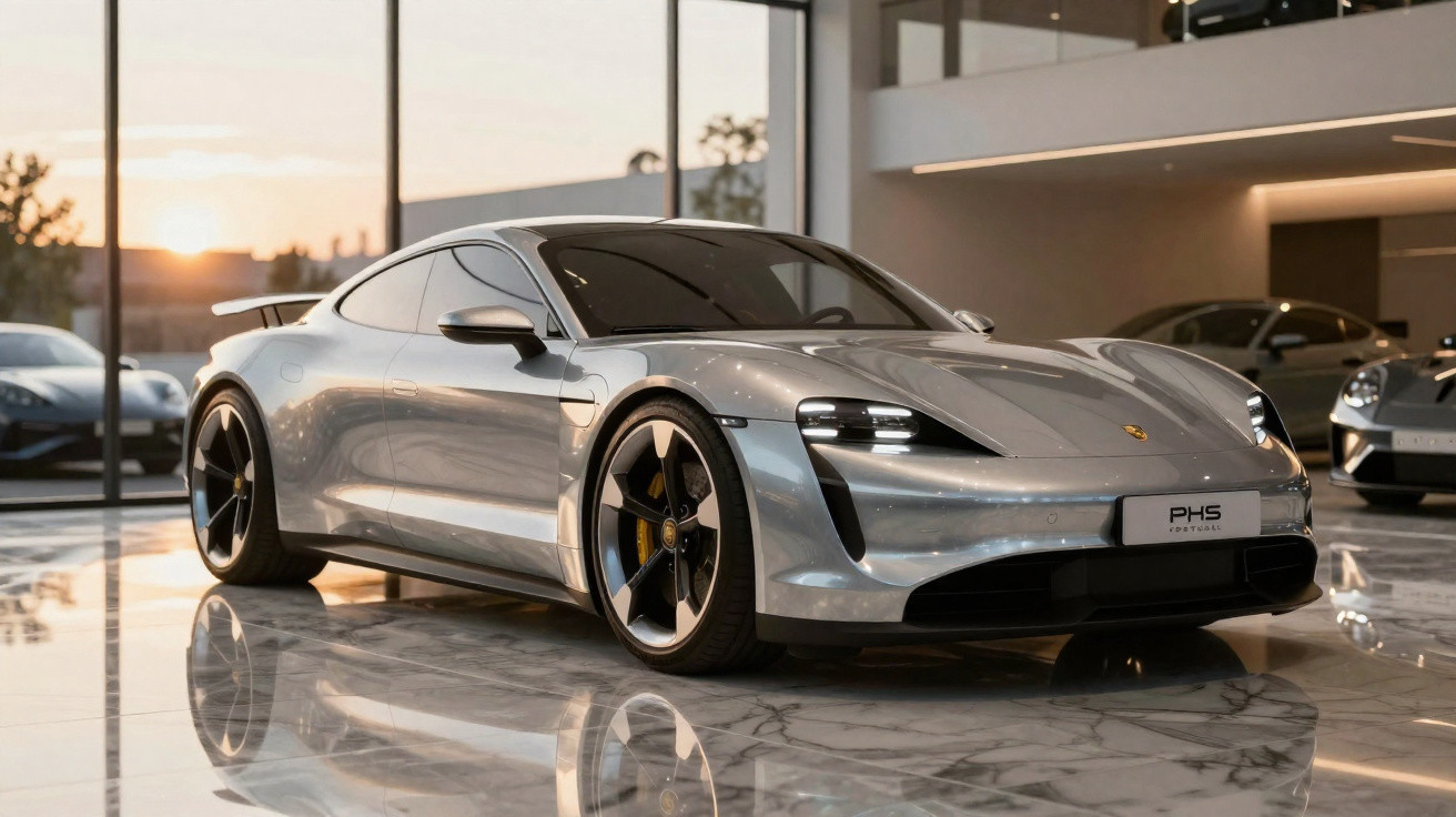 Carro esportivo prata Porsche Taycan PHS em showroom com piso de mármore e luz natural do pôr do sol.