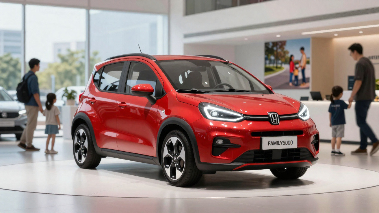 Carro vermelho Honda Family 5000 exposto em showroom com pessoas ao fundo.