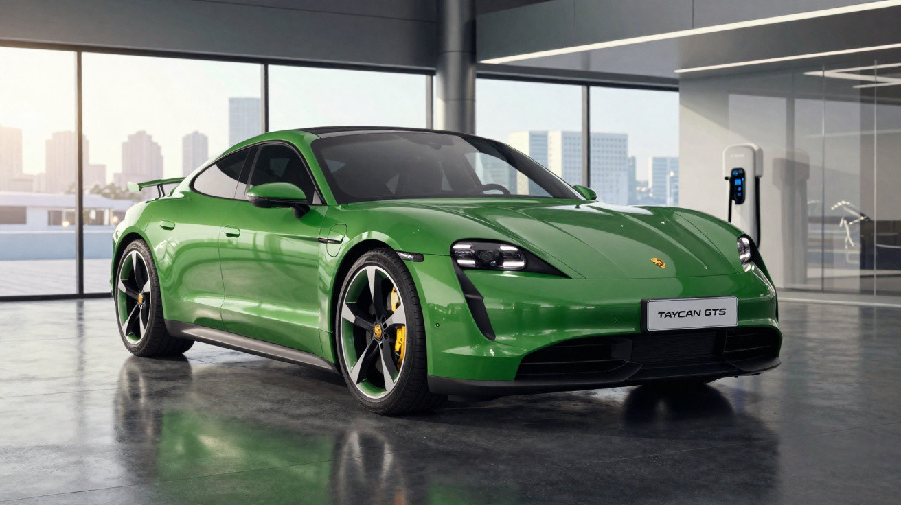 Carro esportivo verde Porsche Taycan GTS estacionado em garagem moderna com parede de vidro e estação de recarga elétrica.
