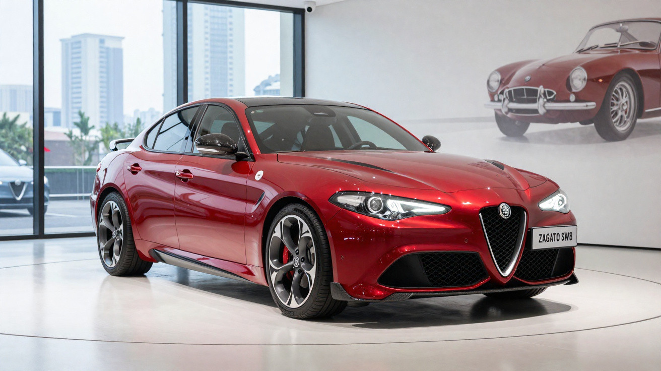 Carro esportivo Alfa Romeo Zagato SWB vermelho exibido em showroom moderno.