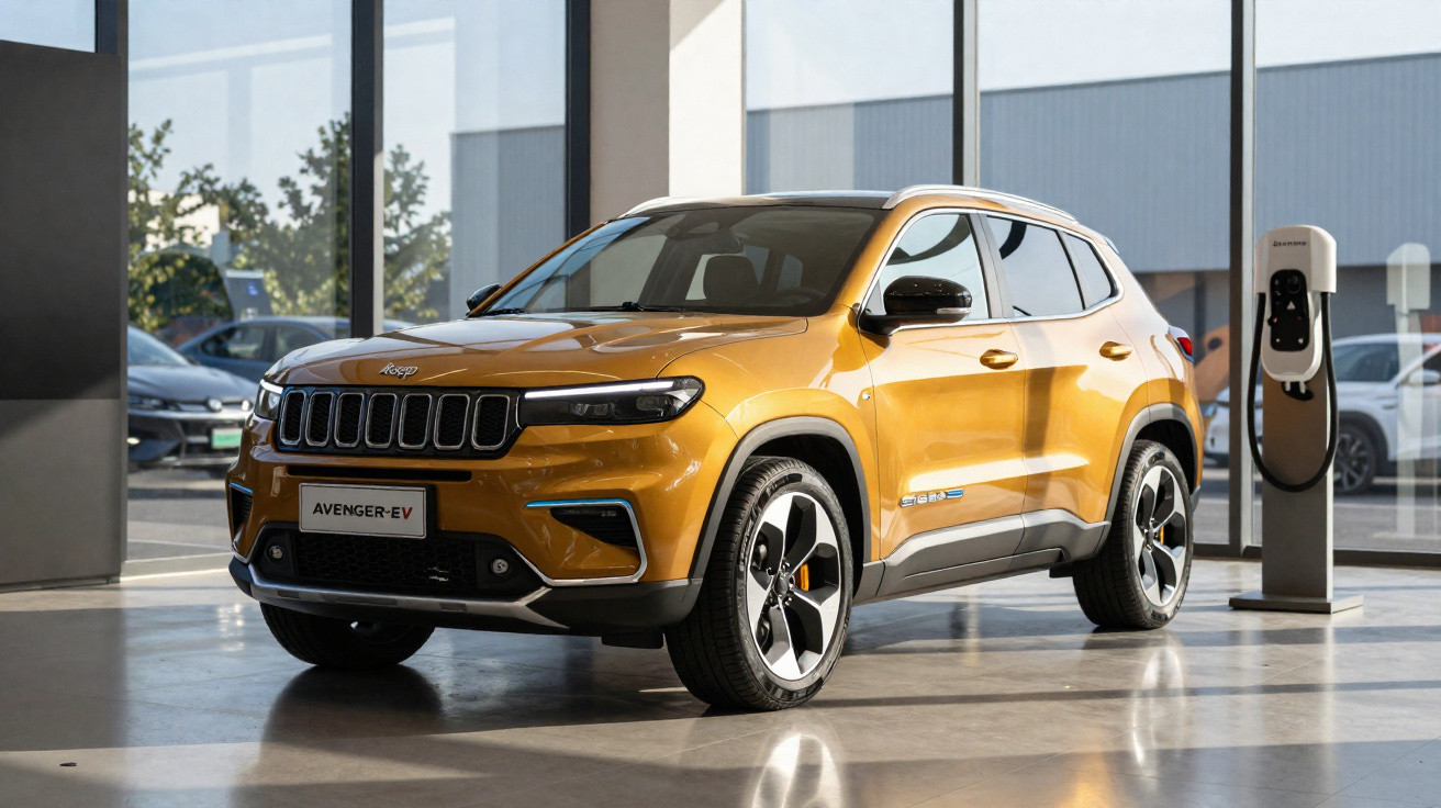 Carro elétrico Jeep Avenger EV amarelo estacionado em showroom ao lado de carregador elétrico.