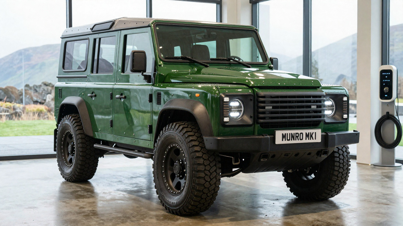 Carro SUV verde Munro MK1 estacionado em ambiente interno com janelas grandes ao fundo.