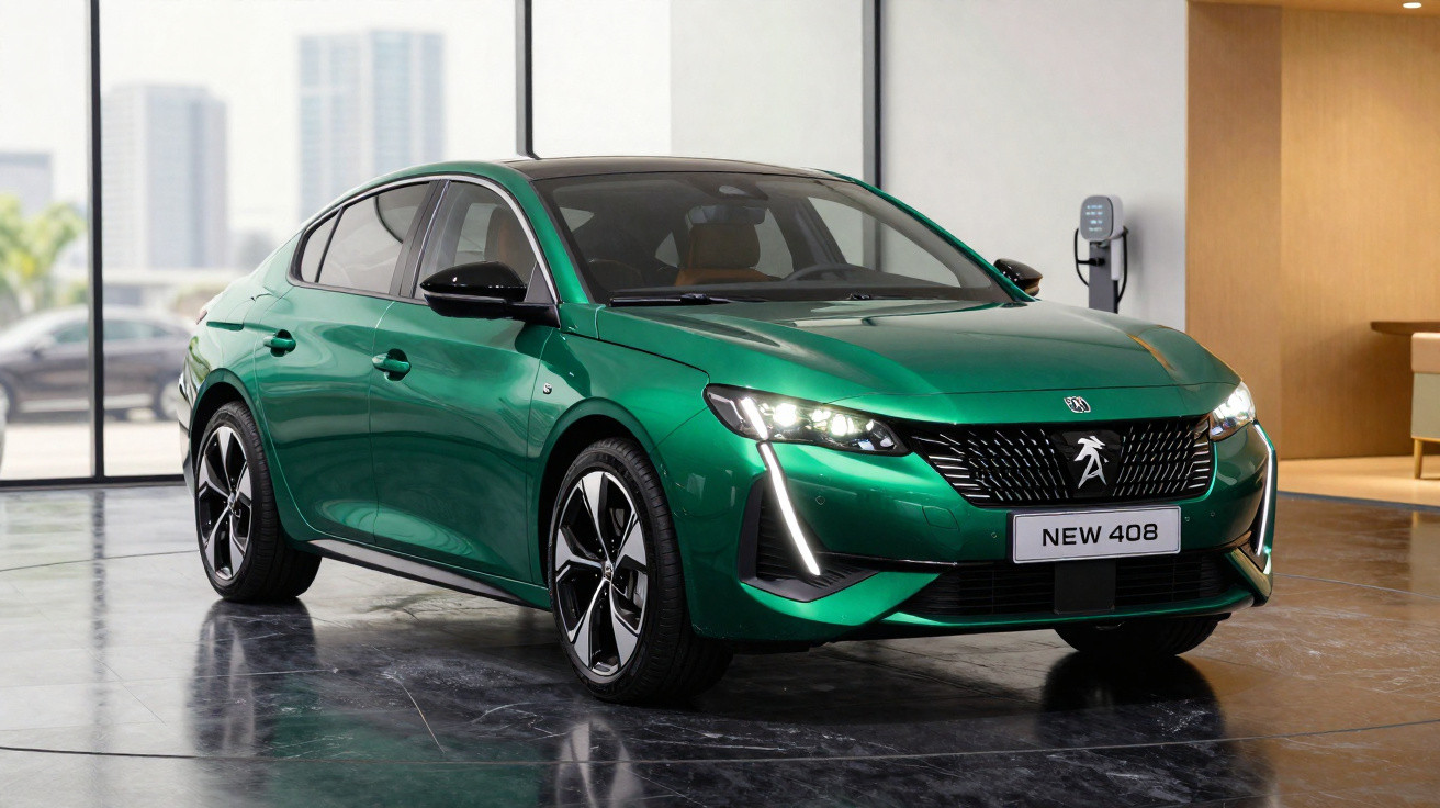 Carro verde Peugeot New 408 elétrico estacionado em ambiente interno moderno com carregador ao fundo.