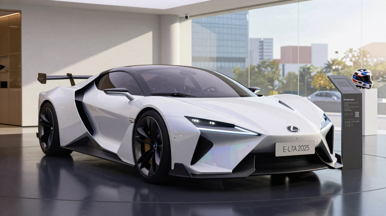 Carro esportivo branco Lexus futurista apresentado em vitrine moderna com teto de vidro e capacete ao lado.
