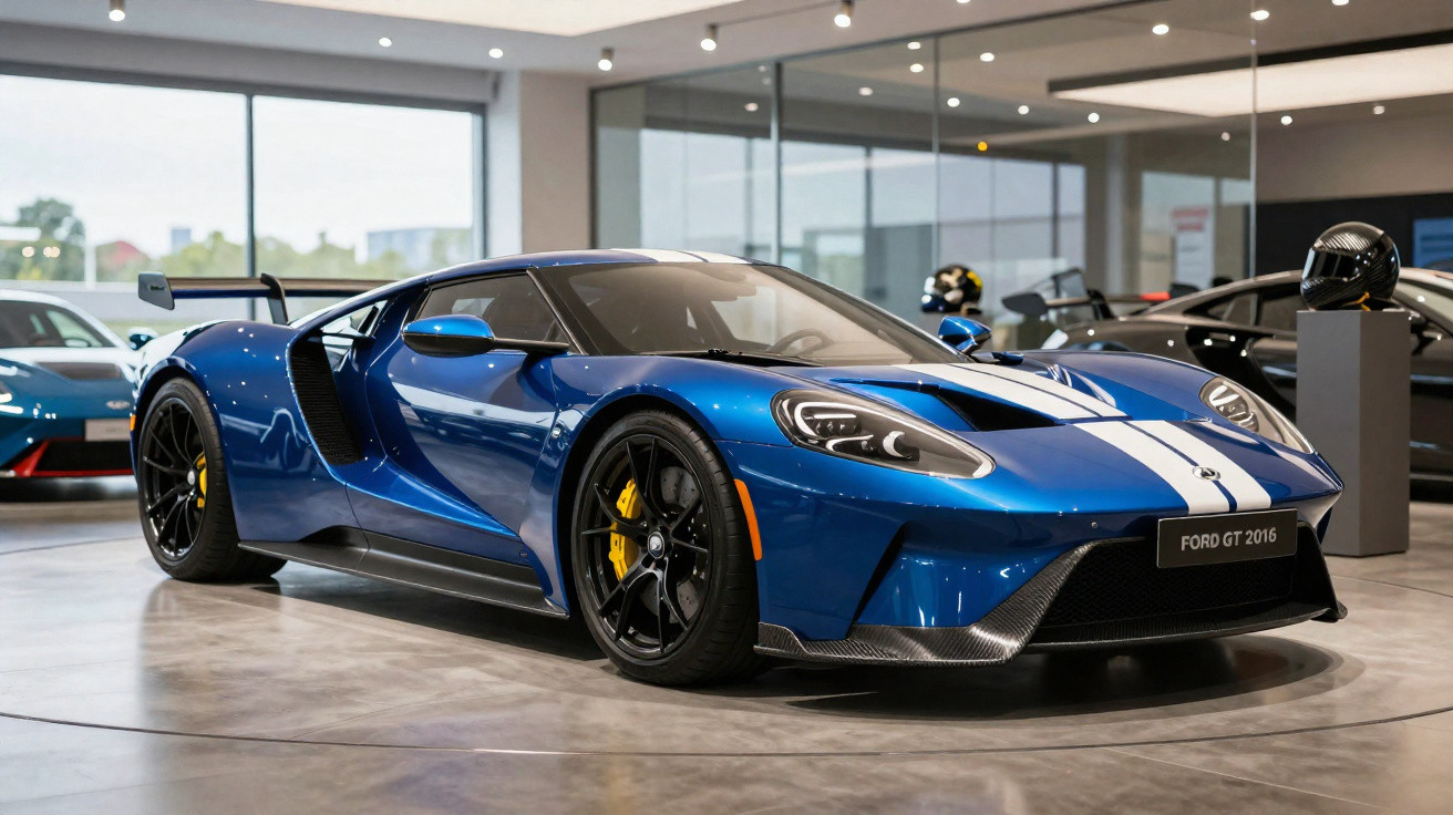 Carro esportivo Ford GT 2016 azul com faixa branca, em exposição em showroom moderno.