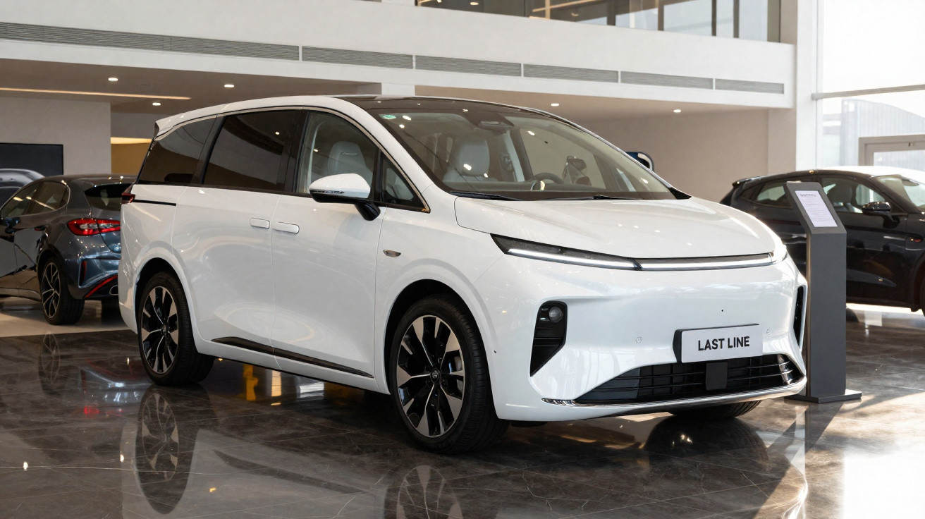 Carro elétrico branco modelo Last Line em showroom moderno com piso de mármore refletivo.