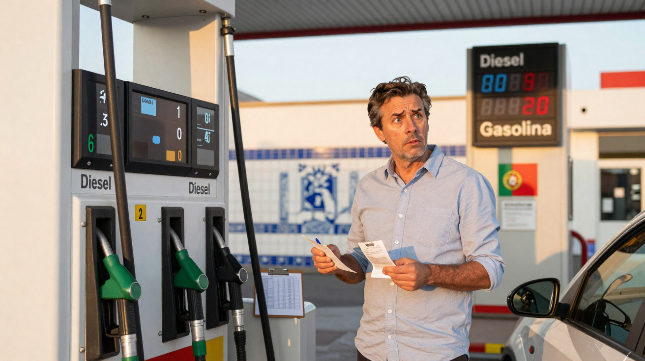 Homem em posto de gasolina segurando notas fiscais e olhando para os preços dos combustíveis Diesel e Gasolina.