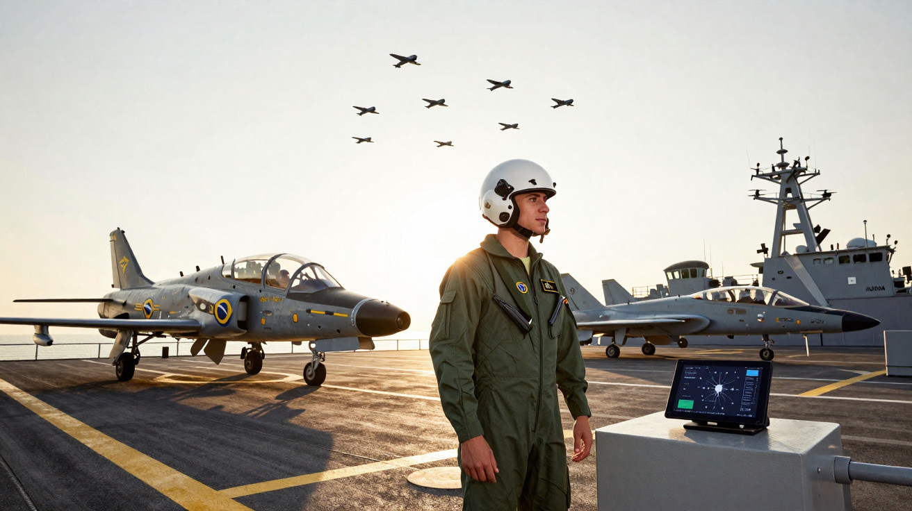 Militar em uniforme verde com capacete branco em convés de porta-aviões, com aviões estacionados e formação aérea ao fundo.