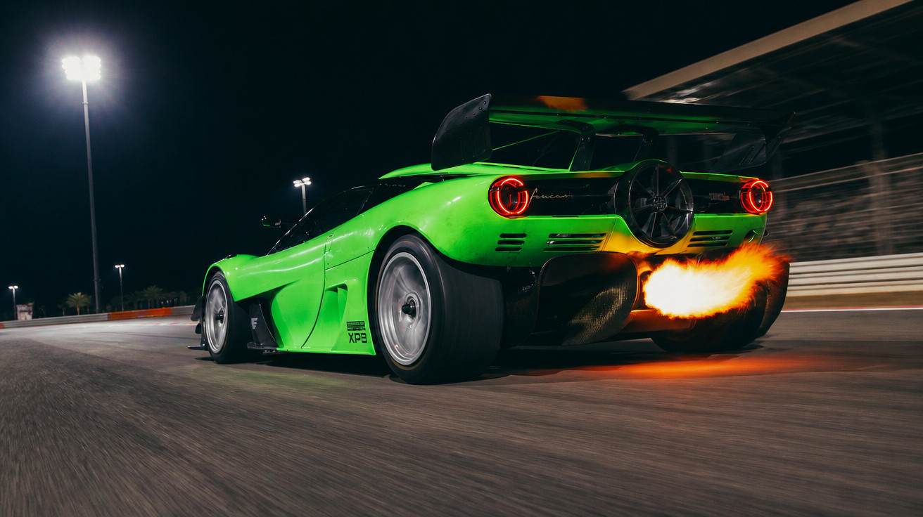 Carro esportivo verde brilhante acelerando à noite com chamas saindo do escapamento na pista de corrida.