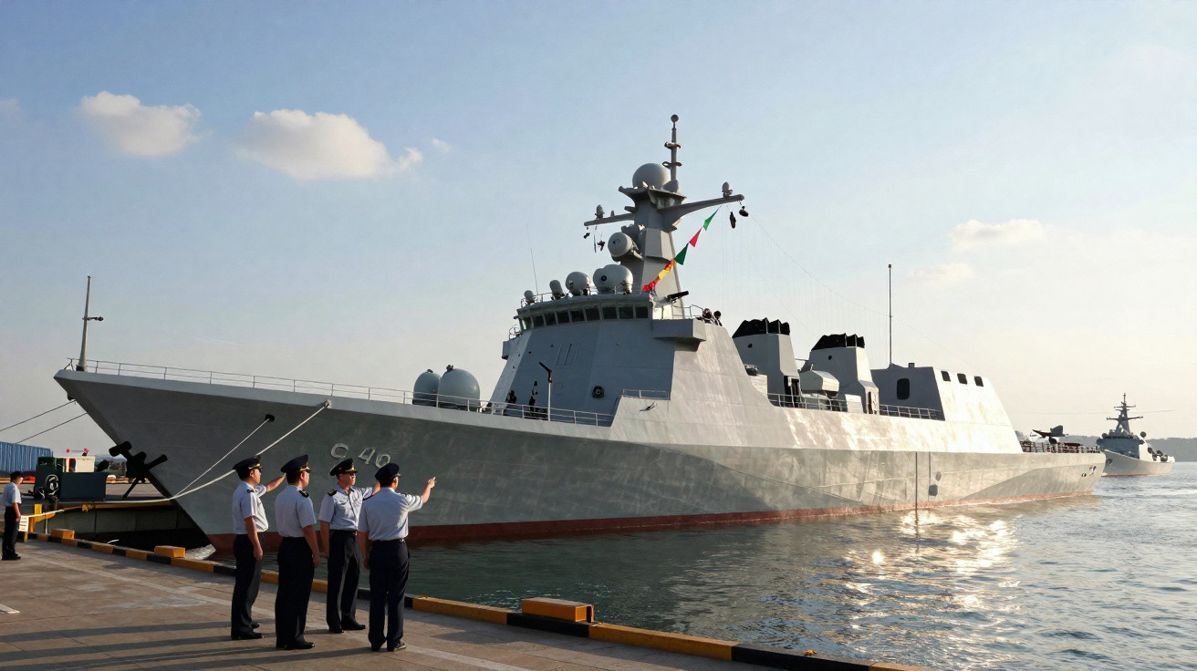 Navio de guerra cinza ancorado em porto com cinco militares uniformizados na plataforma.