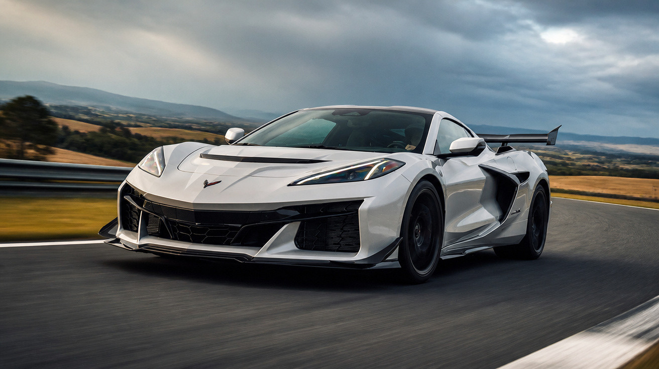 Carro esportivo branco em alta velocidade em curva de pista de corrida sob céu nublado.