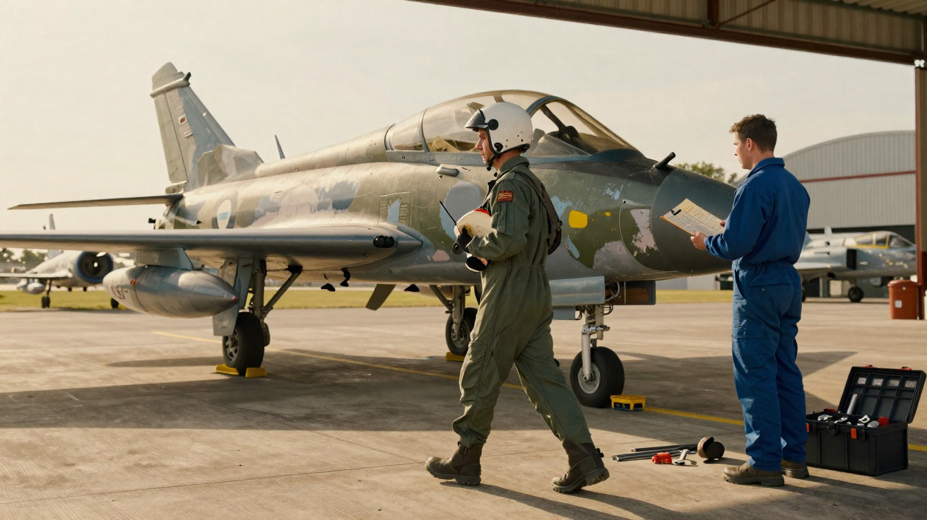 Militar com macacão verde e capacete caminha em hangar próximo a jato de combate, enquanto outro técnico revisa documentos.