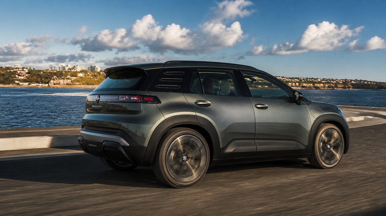SUV cinza escuro em movimento à beira-mar com céu azul e nuvens brancas ao fundo.