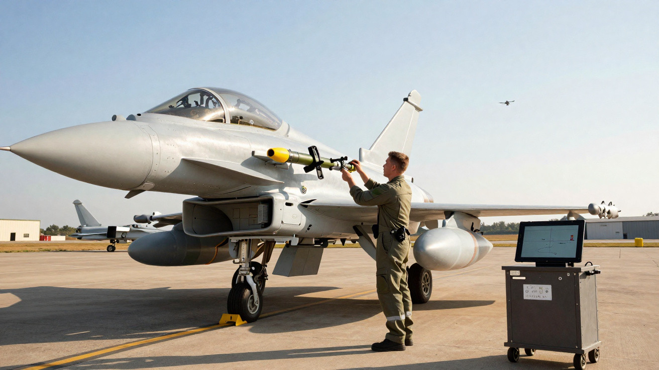 Homem em uniforme militar realiza manutenção em avião de caça estacionado em pista de aeroporto.