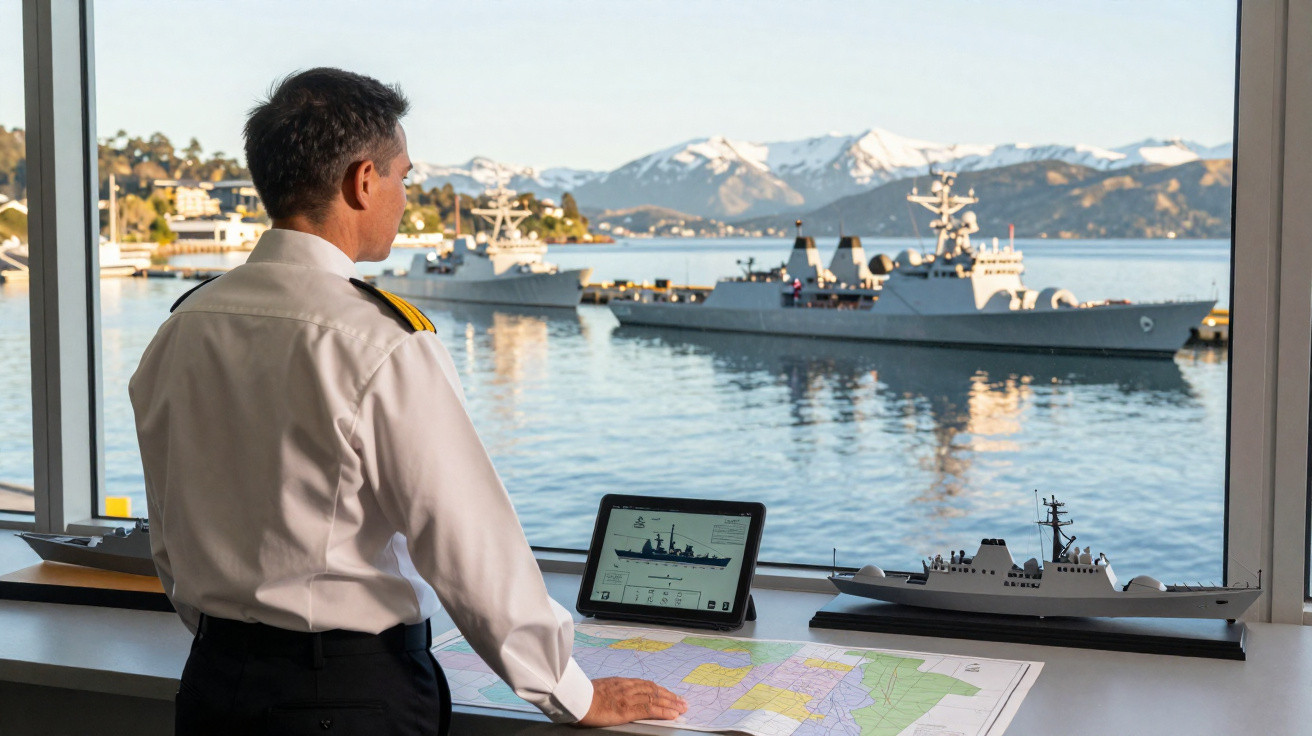 Homem fardado observa navios militares no mar, com mapa e maquete de navio sobre a mesa.