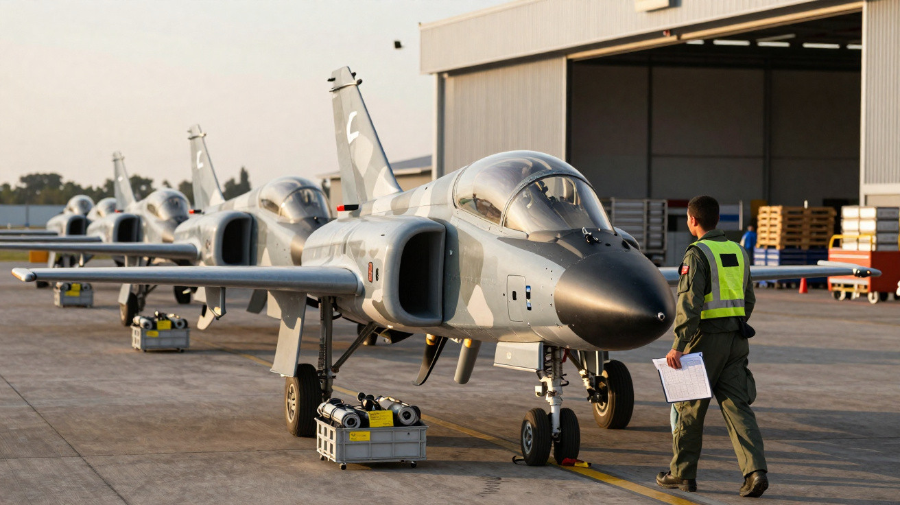 Linha de jatos militares estacionados no pátio com técnico em uniforme revisando checklist ao lado.