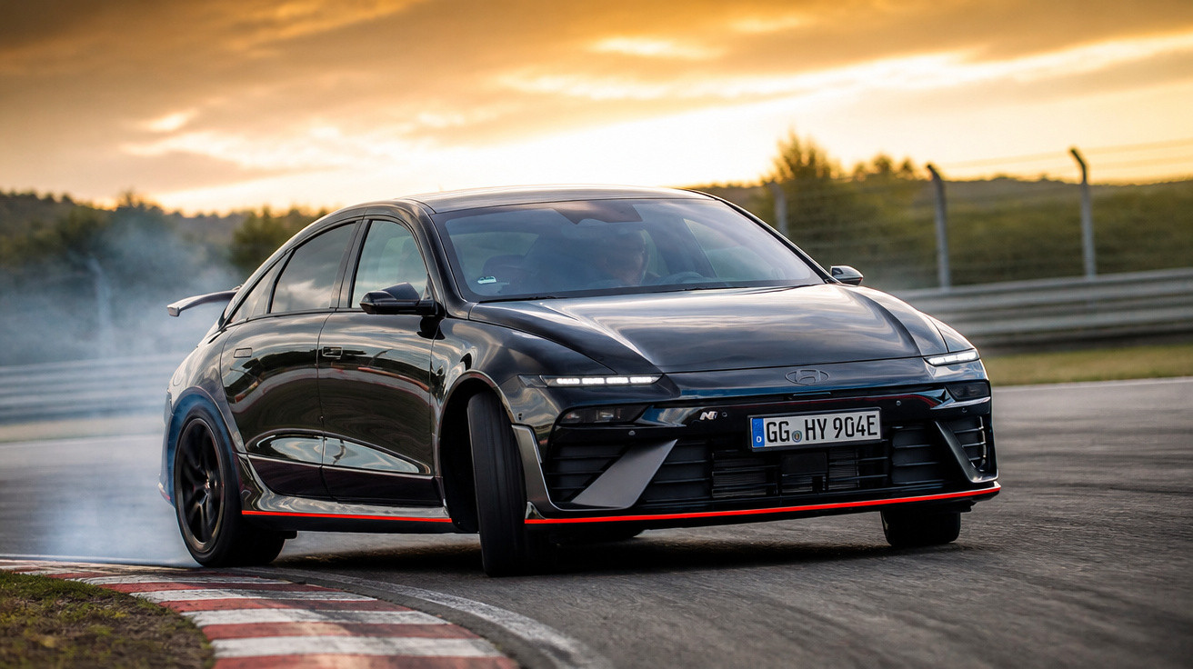 Carro esportivo preto fazendo curva em pista de corrida ao pôr do sol, com fumaça saindo dos pneus.