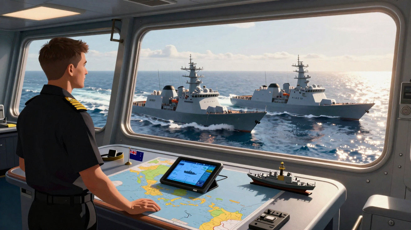 Homem em uniforma naval observa dois navios de guerra pelo grande vidro da cabine de comando no mar.