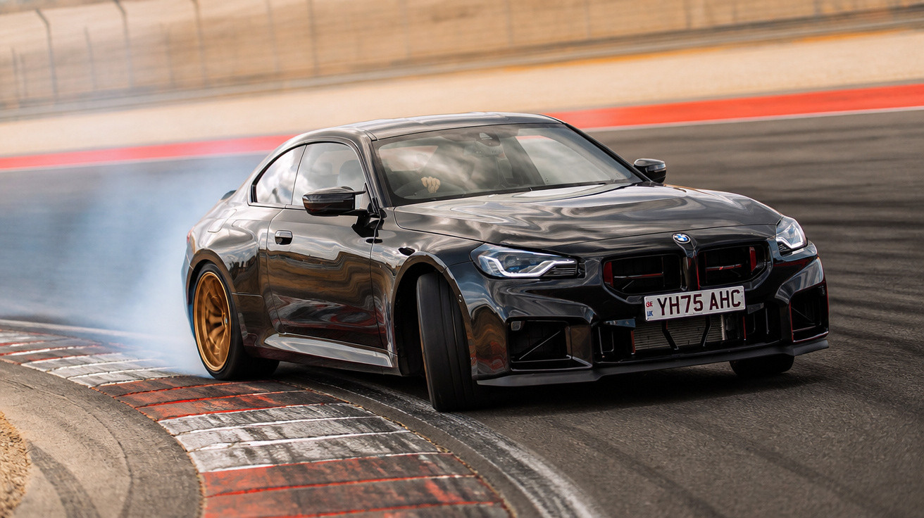 BMW preto fazendo drift em pista de corrida com fumaça saindo do pneu traseiro.