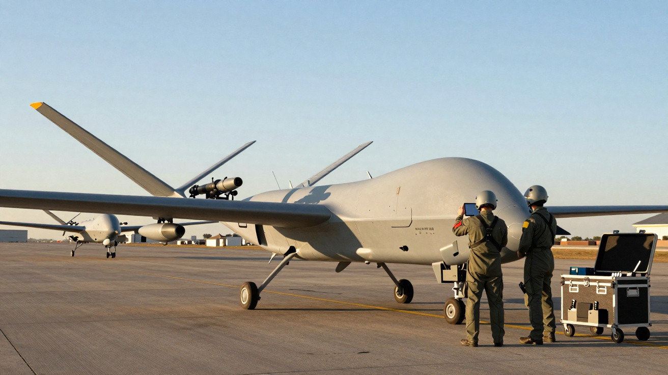 Drone militar cinza estacionado em pista de pouso com dois soldados em uniforme ao lado.