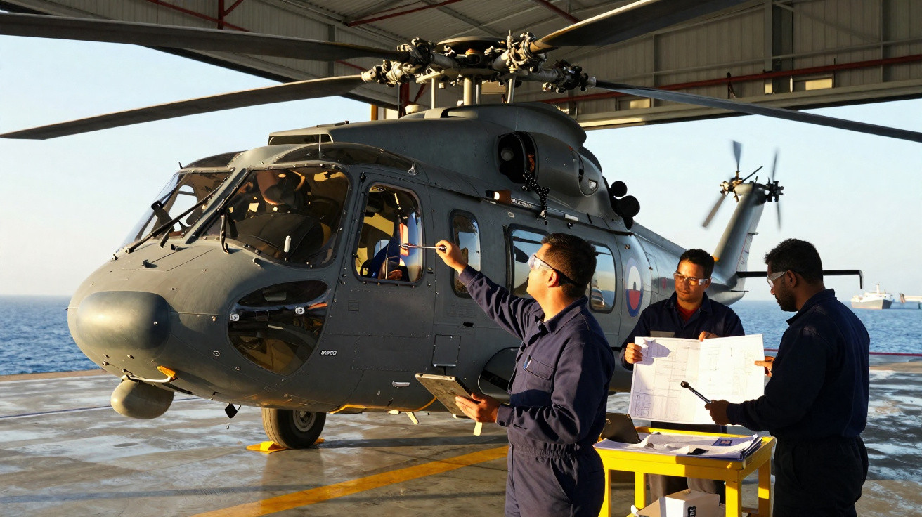 Três técnicos em macacão azul inspecionam um helicóptero cinza em hangar perto do mar ao entardecer.