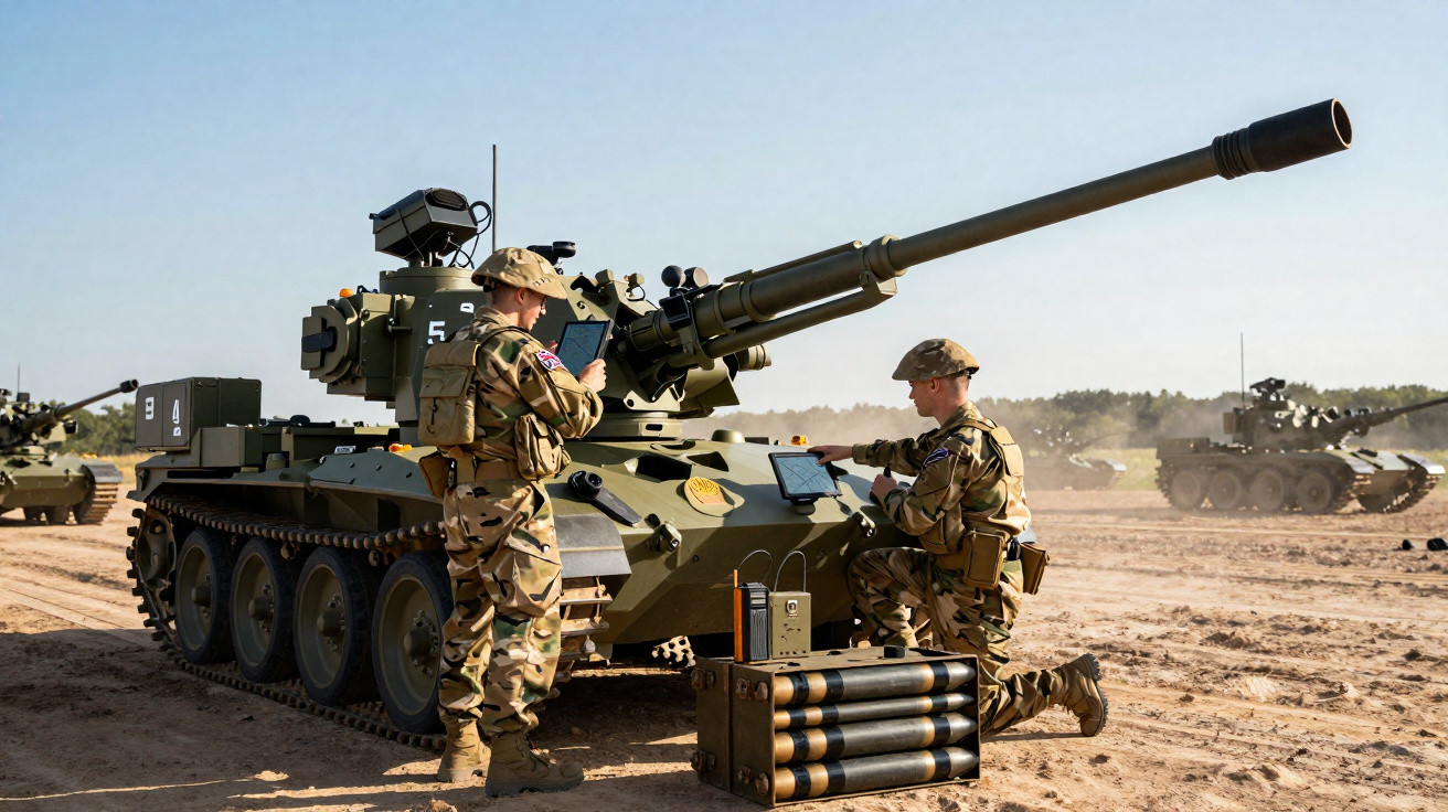 Dois soldados em uniforme camuflado operam equipamento eletrônico ao lado de um veículo militar de combate.