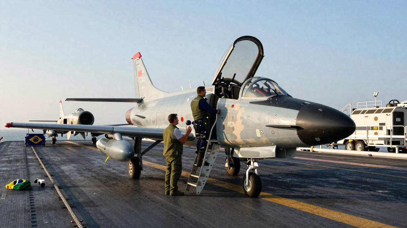 Avião militar na pista com dois militares realizando inspeção e bandeira do Brasil ao lado.