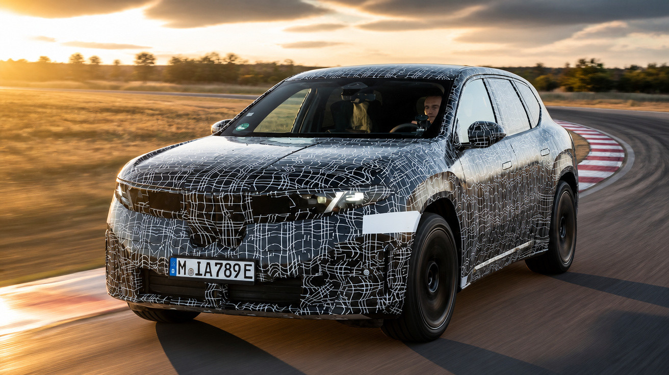 Carro SUV camuflado em pista de testes durante o pôr do sol, com motorista ao volante.