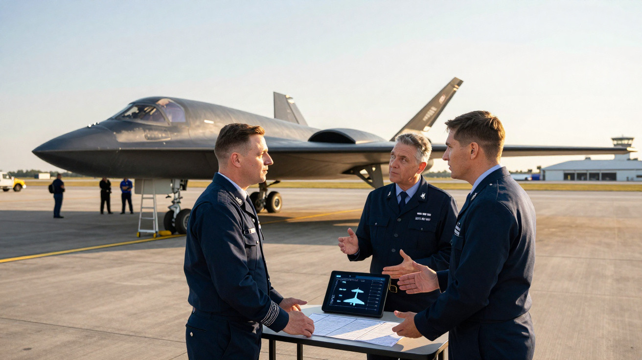 Três militares em uniforme conversam ao lado de uma mesa com tablet e projeto, com avião stealth ao fundo no aeroporto.