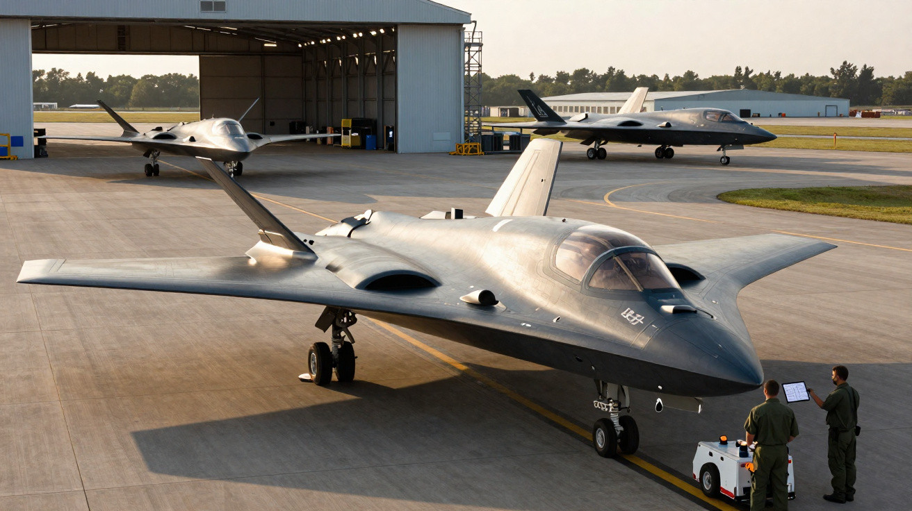 Aviões militares stealth estacionados em pista de aeroporto com dois militares ao lado.
