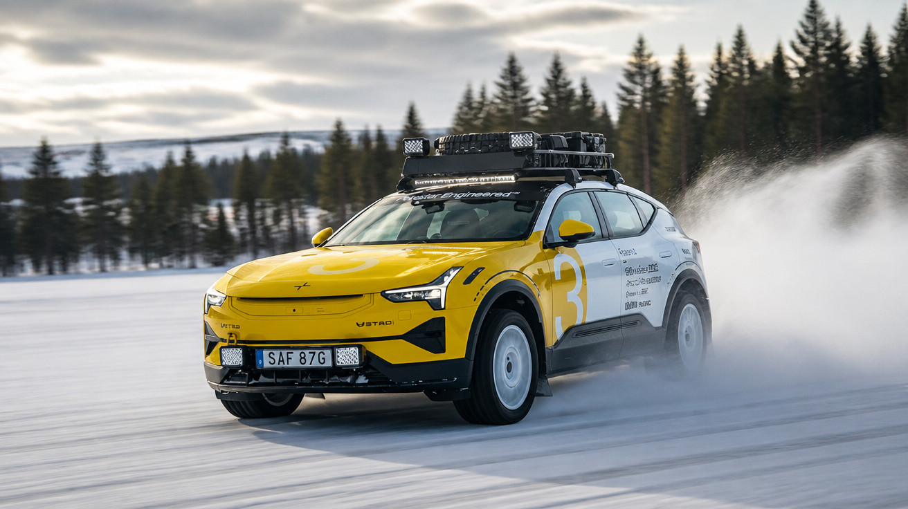 Carro elétrico amarelo Vastal V60 ao acelerar na neve com árvores ao fundo em dia nublado.