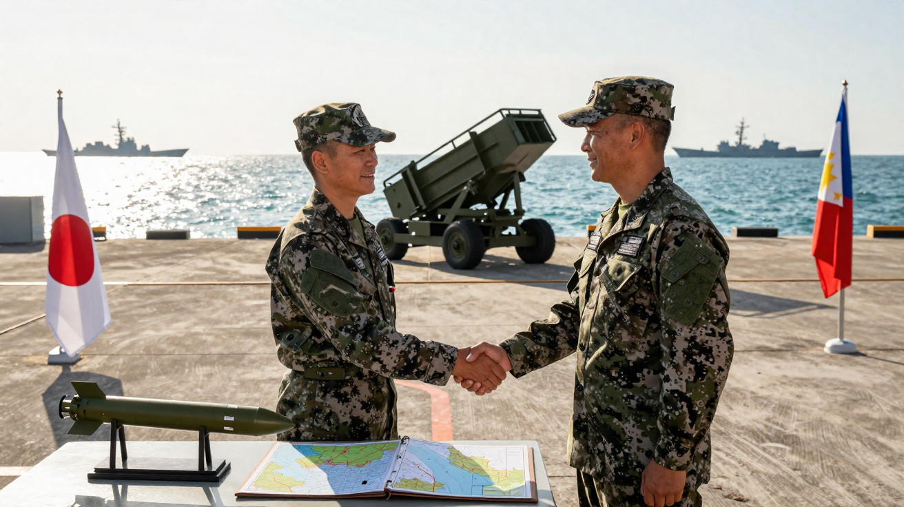 Dois militares em uniforme camuflado apertam as mãos em um cais com bandeiras do Japão e das Filipinas ao fundo.