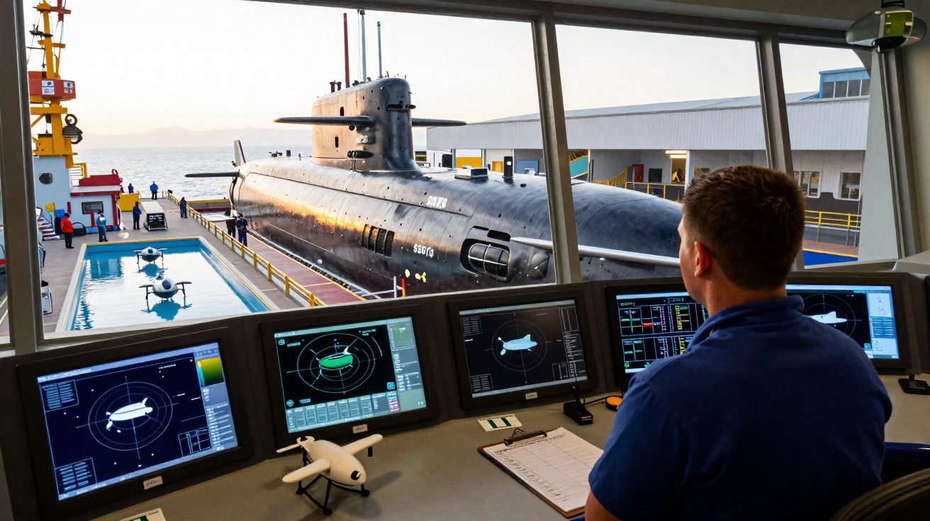 Homem operando controles de radar com submarino atracado ao fundo em base naval.