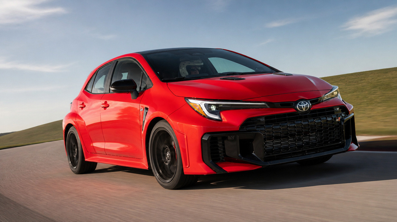 Carro esportivo vermelho Toyota em movimento em estrada com céu azul e colinas ao fundo.