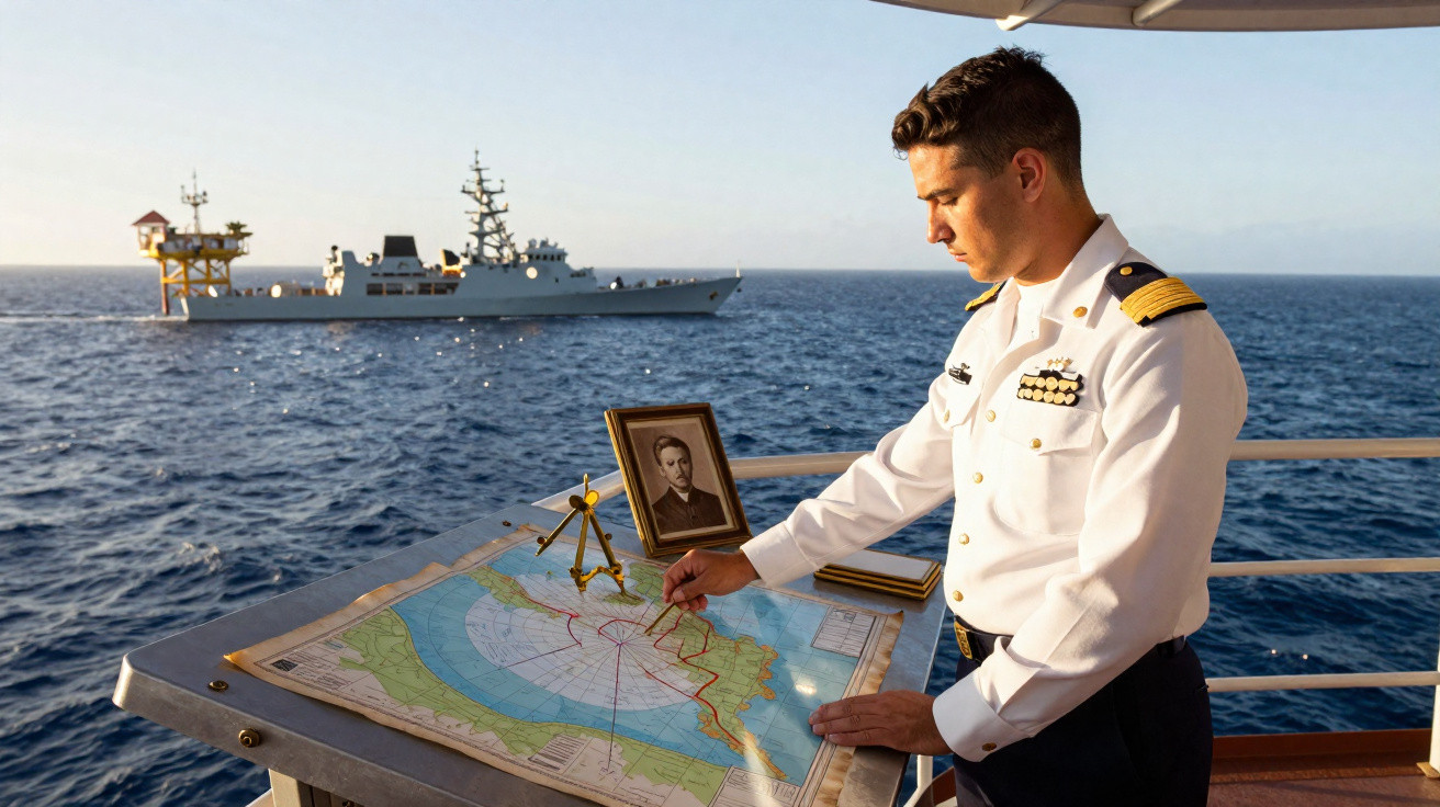 Oficial naval em uniforme branco estudando mapa náutico no convés com navio e plataforma marítima ao fundo.