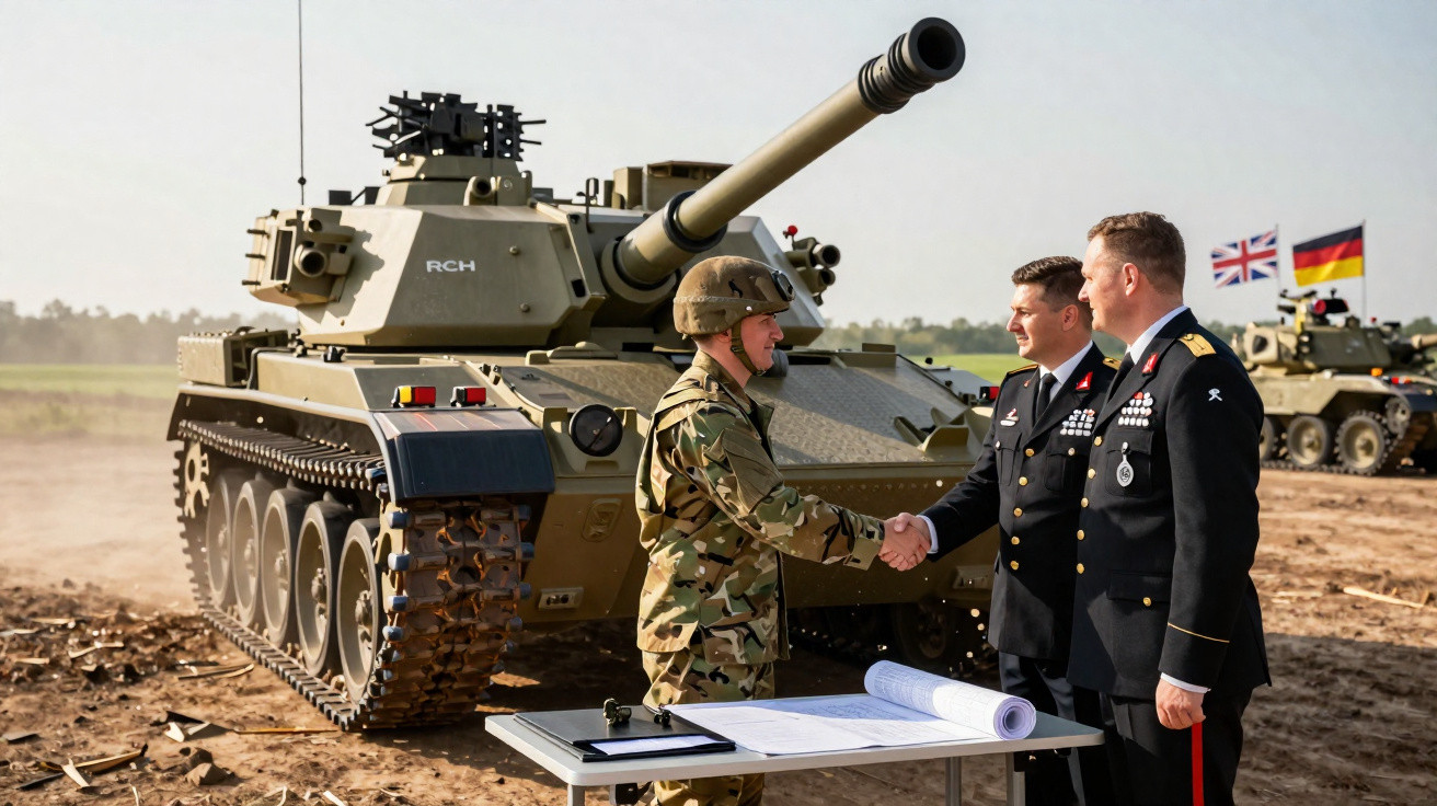 Soldado e oficiais militares apertam mãos em frente a tanque de guerra durante exercício ao ar livre.