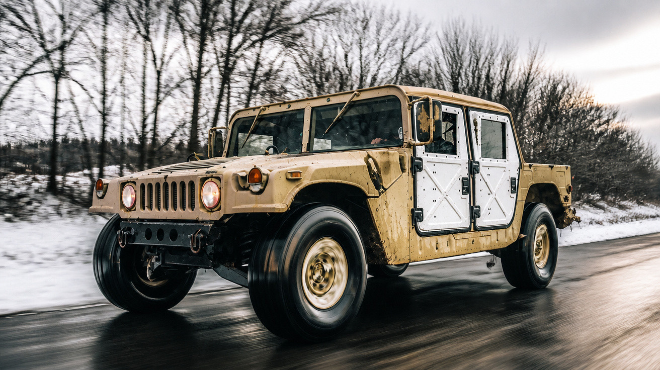 Carro militar off-road bege com pneus grandes em estrada molhada cercada por árvores sem folhas e neve.