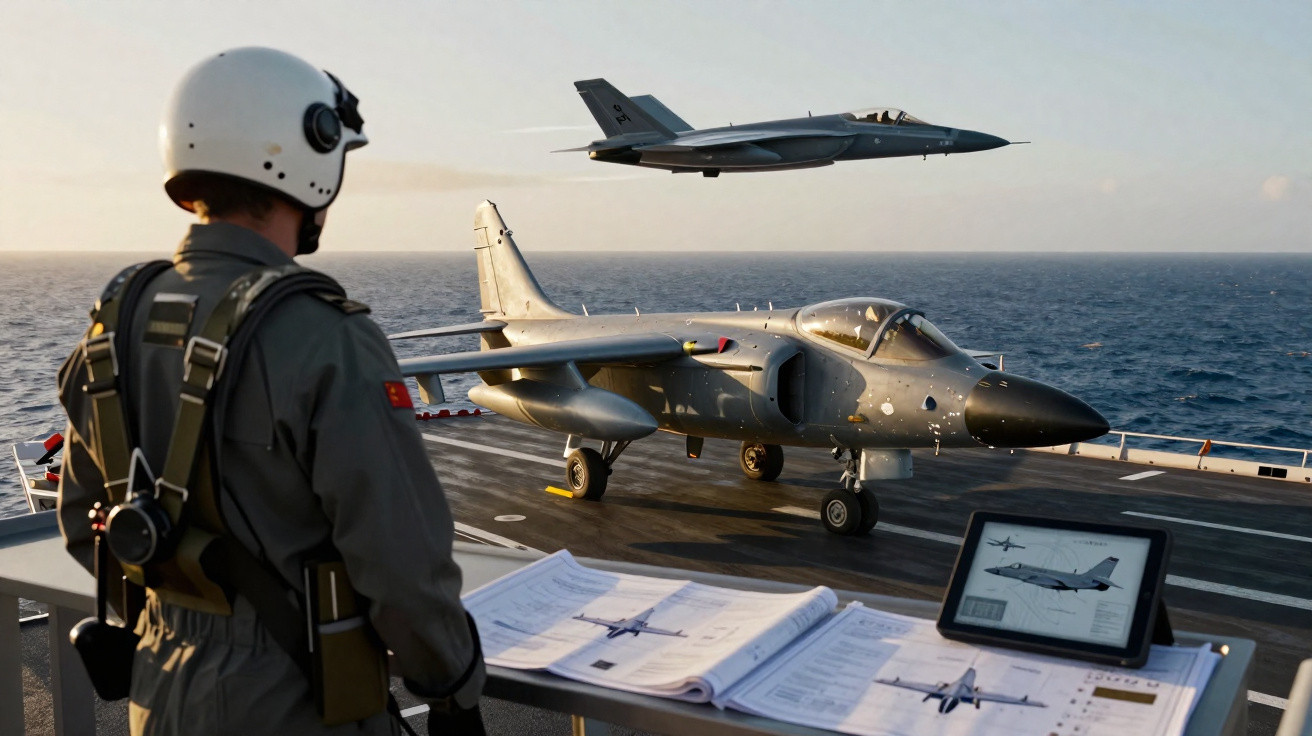 Piloto observa dois caças em porta-aviões, um pousado e outro voando ao fundo sobre o mar.