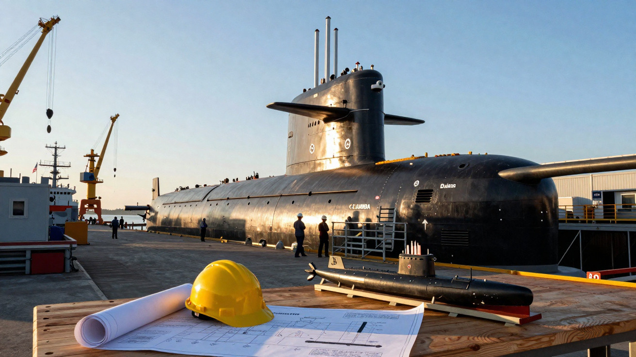Submarino militar atracado com capacete e projeto na mesa em estaleiro ao entardecer.